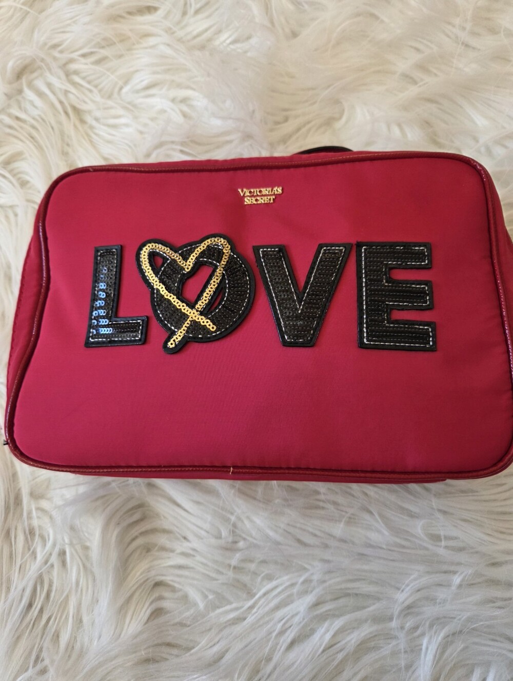 Victoria's Secret Red Travel Cosmetic Bag With Sequined "LOVE" Patch